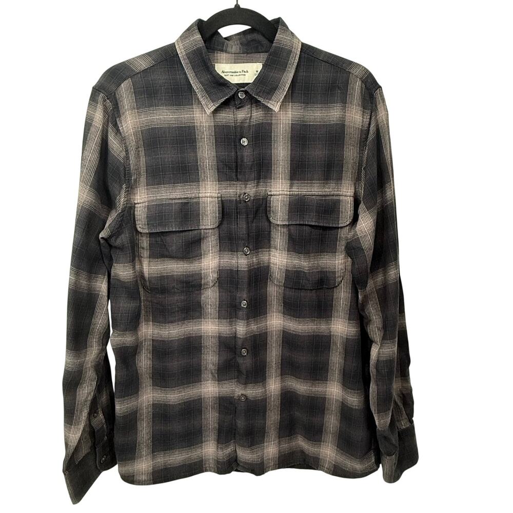 Abercrombie & Fitch Soft A&F Flannel Shirt Mens M Black Plaid Utility Pocket